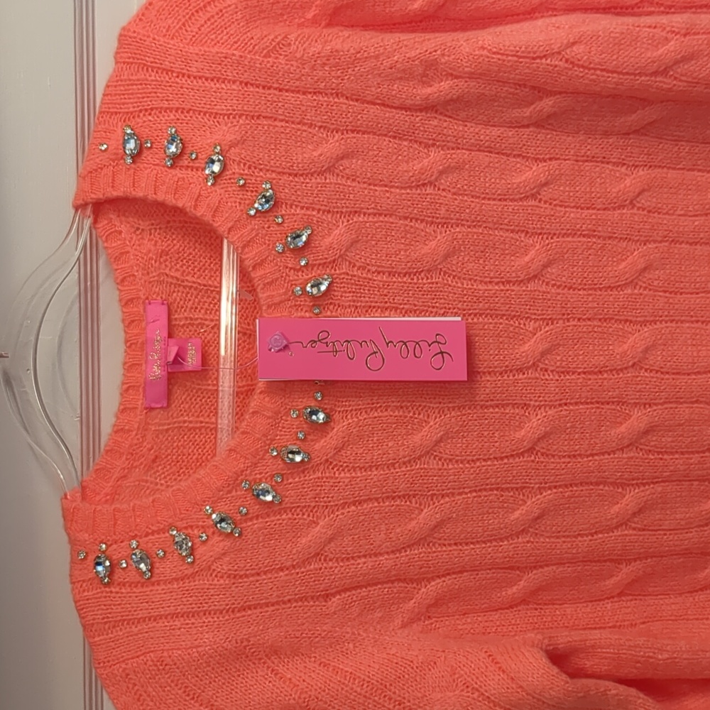 Lilly Pulitzer Dario Rhinestone Embellished Coral Scoop Neck Cable Knit Sweater - Picture 4 of 13